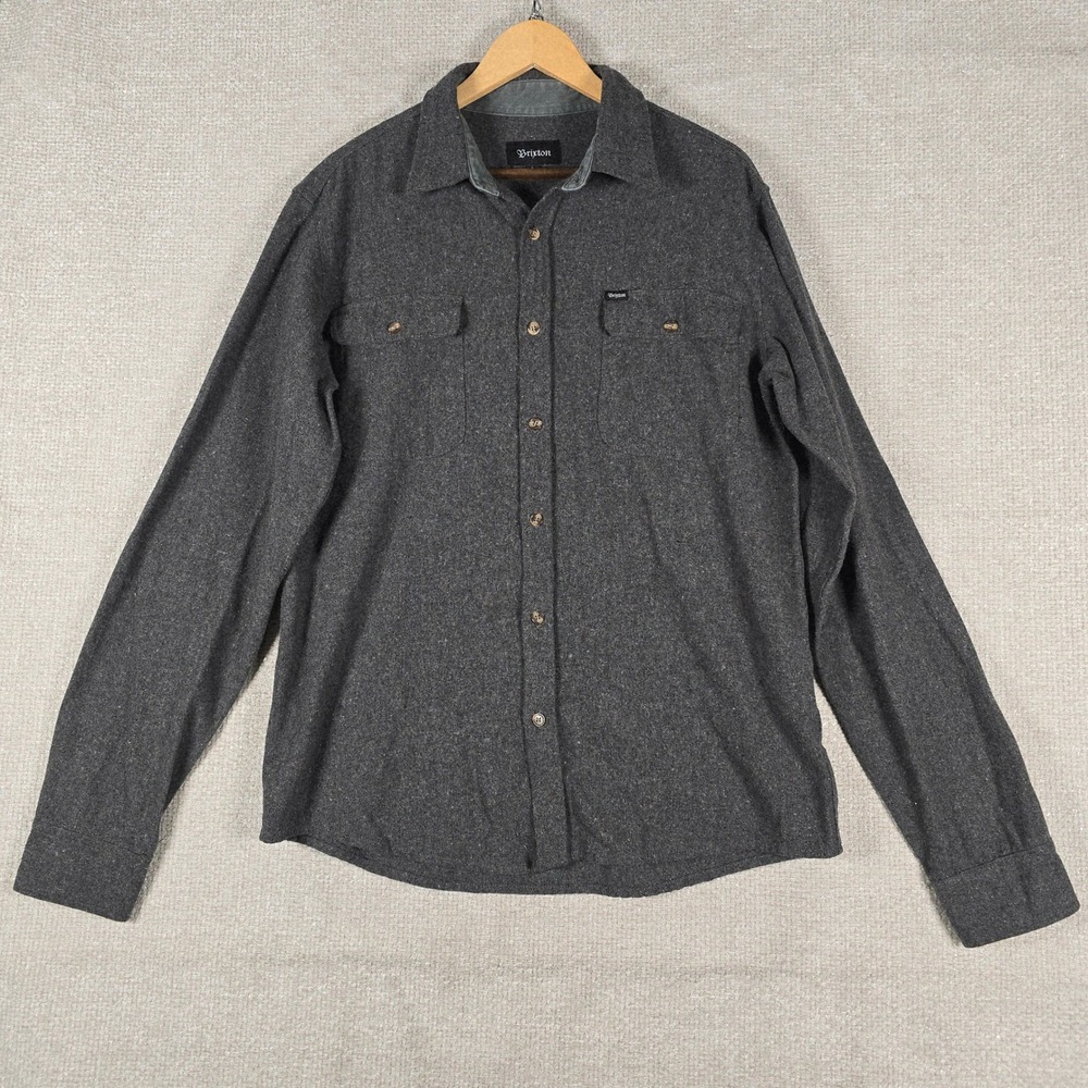 Brixton Mens Charcoal Gray Wool Blend Flannel Button Down Shirt Sz L Long Sleeve